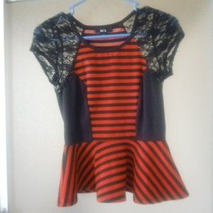 BCX Peplum Lace/Striped Top Black Red Sz. XS
